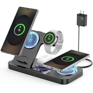 6-in-1 Magnetic Wireless Charging Station 30W Fast Charger Clock Night Light